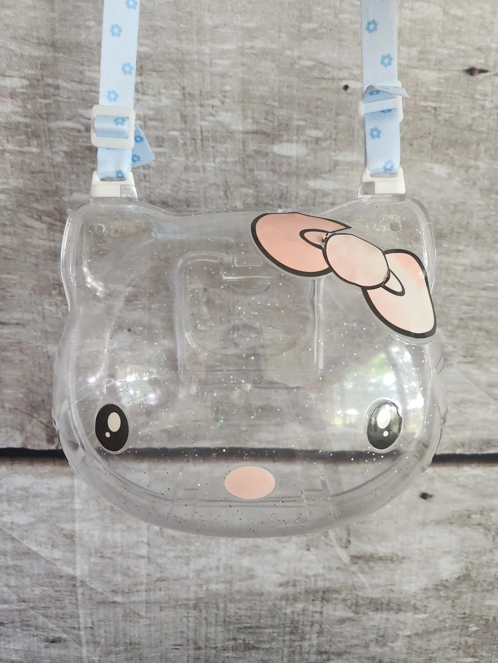Hello Kitty Clear Crossbody Bag with Pink Bow and Light Blue Strap